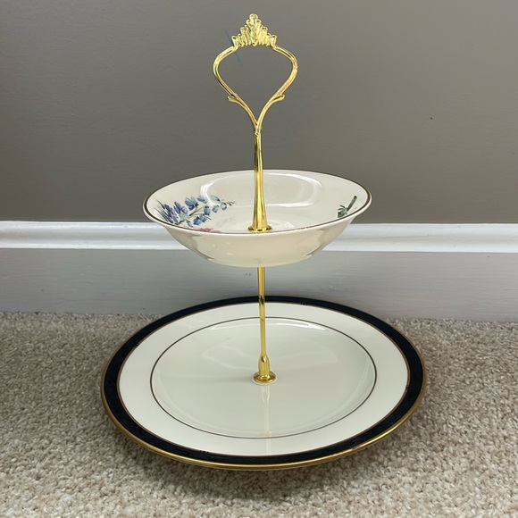 Two Tiered Jewelry Tidbit Cheese Tray Vintage CAMWOOD Ivory 22 Carat Gold Bowl - Picture 2 of 8